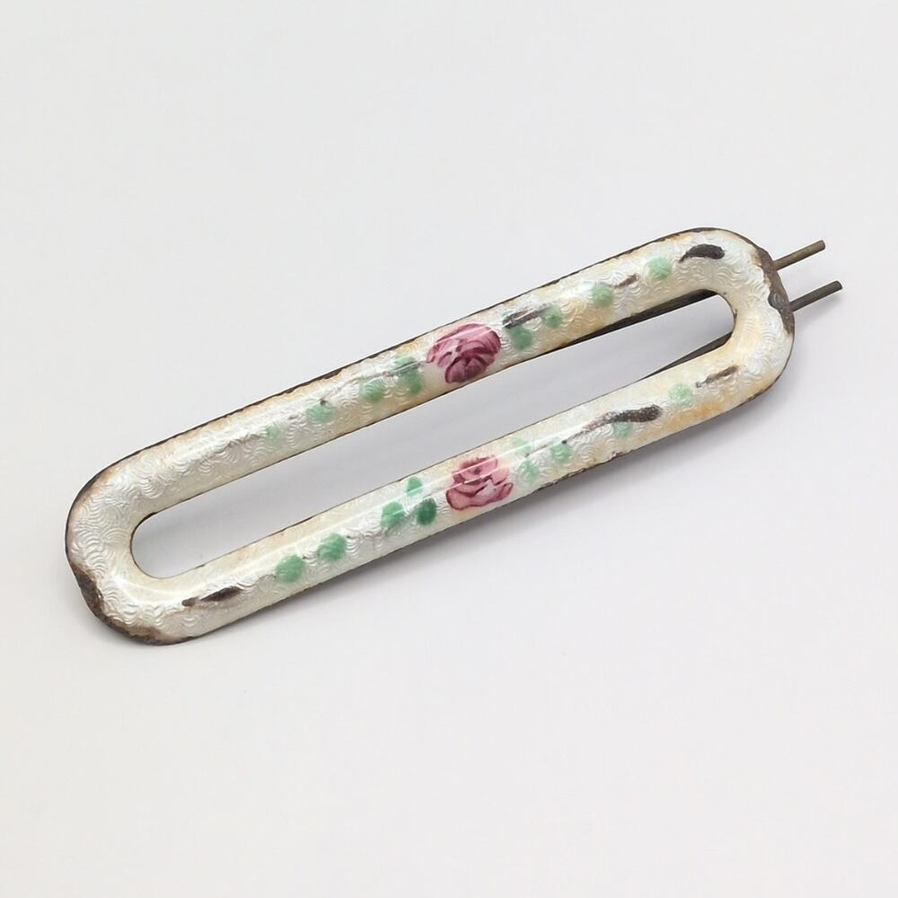 Vintage Antique Guilloche Pink Green White Floral Hair Pin Pinch Wire Barrette